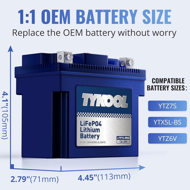 TYKOOL YTZ7S / YTX7L Lithium LiFePO4 Motorcycle Battery, 12 V 4 Ah,240 CCA,Built in BMS, Powersports Battery, for ATV,UTV,Jet Ski,Personal Watercraft,Snowmobile,Quad,Riding Lawn Mower, Tractors - Image 2